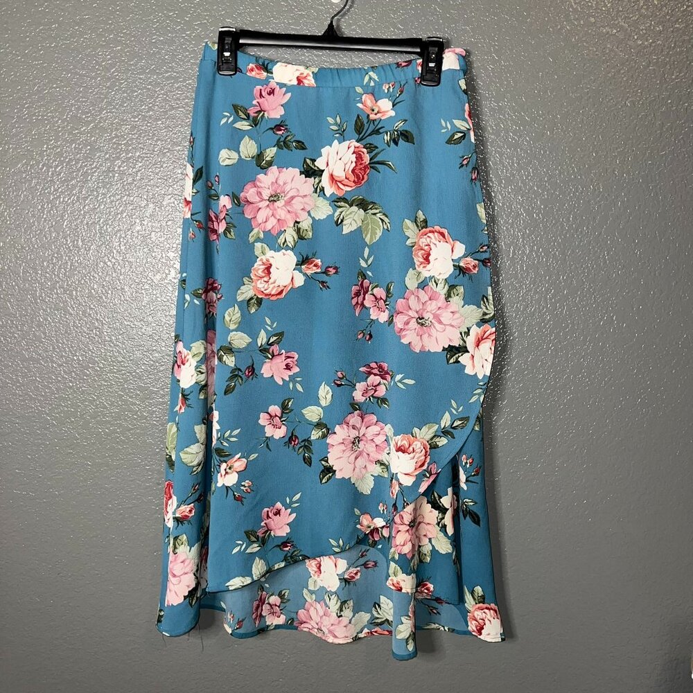Babeau Floral Faux-Wrap Midi Skirt Size M | Blue & Pink High-Low Tulip Hem